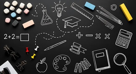 Chalkboard doodles of school supplies and math equations 1