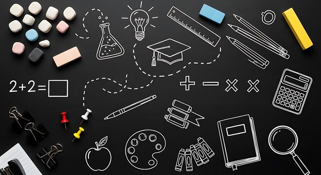 Chalkboard doodles of school supplies and math equations 1 - Powered by Adobe