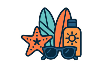 Summer beach vacation essentials featuring surfboards, sunscreen lotion, sunglasses, and a starfish icon
