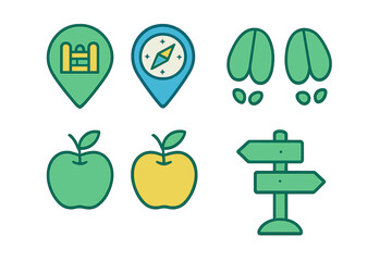 Outdoor adventure navigation symbols including compass, map pin, apples, and directional signpost