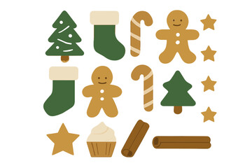 Festive holiday collection of Christmas trees, gingerbread cookies, stockings, and candy canes