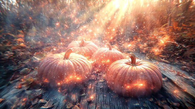 Autumn harvest composition highlighting wooden background and soft glowing pumpkins