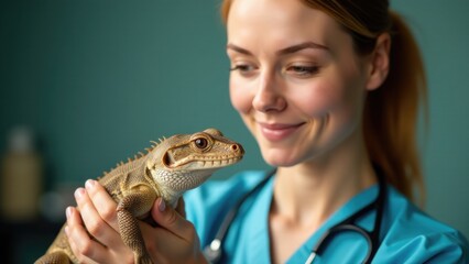 A woman grasping a lizard, natural scene with reptile and human interaction