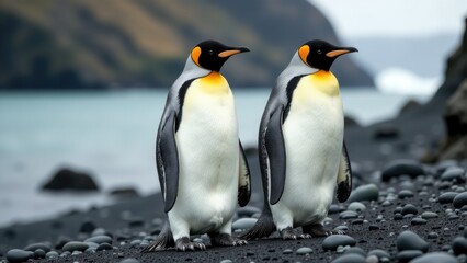 Fototapeta premium Two penguins standing together on a rocky coast, great for outdoor or wildlife themes