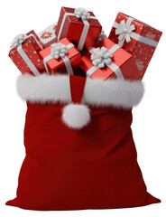 Red Santa sack overflowing with festive gifts isolated on a transparent background
