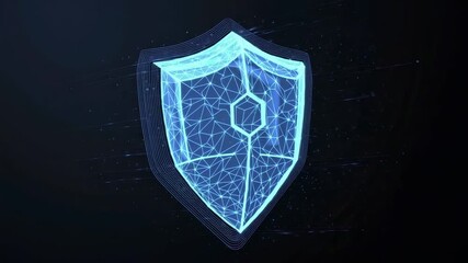 A glowing light-blue polygonal shield is centered against a dark background with digital particles - Powered by Adobe