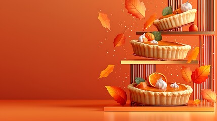 Burnt orange background with pumpkin pie and falling autumn leaves illuminated softly