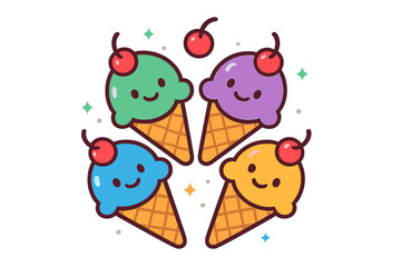 Four cute colorful ice cream cones with happy faces and cherry toppings