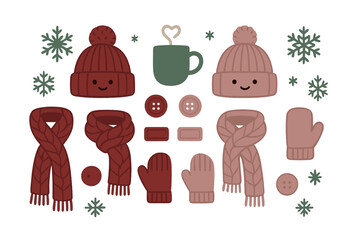 Cute collection of cozy winter accessories including knitted hats scarves mittens and hot cocoa mug