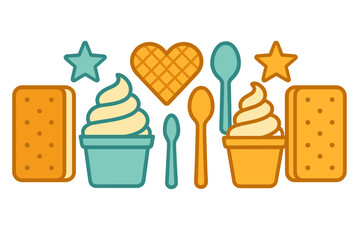 Stylized collection of frozen dessert items including ice cream cups, cookies, and waffle hearts