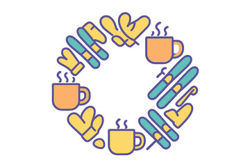 Winter sports equipment and hot drinks arranged in a circular frame pattern