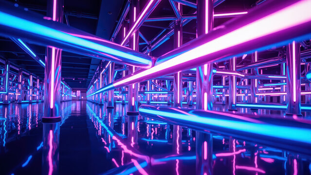 Vibrant neon lights illuminate modern, abstract space filled with metallic structures, creating futuristic atmosphere