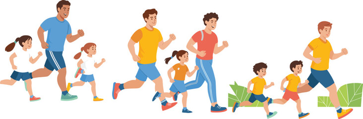 PrintFamily running illustration, outdoor activity, kids and adults jogging, healthy lifestyle, fitness concept, community exercise, cartoon vector, active design