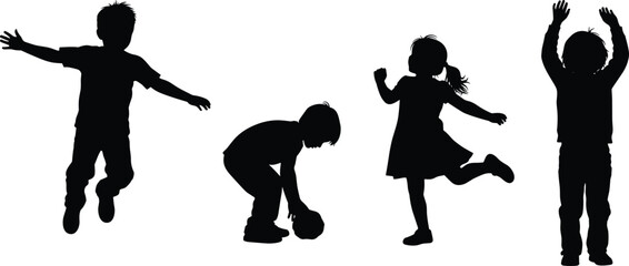 PrintChildren playing silhouettes, black figures, joyful motion, active poses, vector clipart, isolated design, childhood activity, fun theme, movement artwork