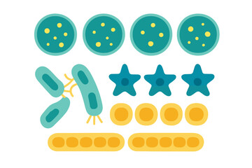 Stylized biological elements collection featuring bacteria, petri dishes, and star-shaped cells