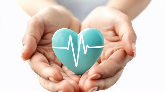 A closeup image of two hands holding a turquoise heart with a white ECG line. The hands are positioned in a way that suggests they are presenting the heart to the viewer.