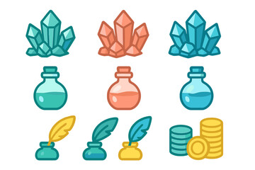 Colorful fantasy game icons featuring magic crystals potions inkwells and gold coins
