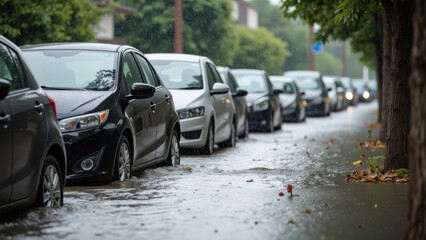 Flooded street with parked cars heavy rain urban environment water accumulation gloomy weather transportation disruption