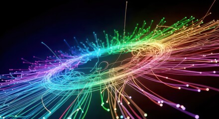 A vibrant, swirling vortex of colorful light particles forming a circular pattern against a dark background.