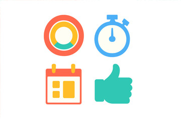 Four business and productivity symbols: pie chart, stopwatch, calendar, and thumbs up icon set