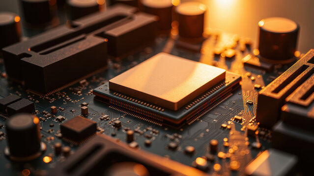 High tech microprocessor on circuit board, illuminated by warm light, showcasing intricate details and modern technology