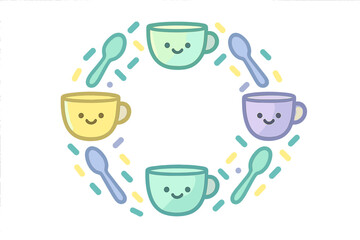 Cute pastel coffee cups and spoons forming a decorative circular pattern on a white background