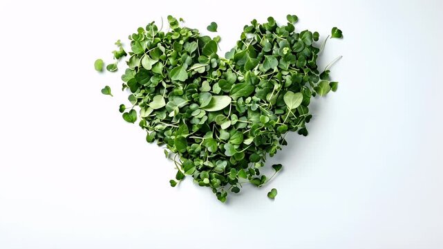green microgreens forming a heart shape on a white background.