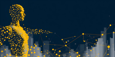 Futuristic digital human connecting with data network, modern technology for business, AI and innovative solutions, connectivity and neural network concept