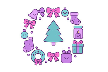 Cute Christmas holiday icons arranged in a circular frame around a central evergreen tree design