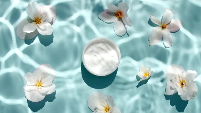 Jar of white cream and reflections sunlight in slow motion. Drop shadow effect with wave refraction of light. Sun and shadows. Layout for advertising goods, cosmetic products. Swimming pool ripples. 
