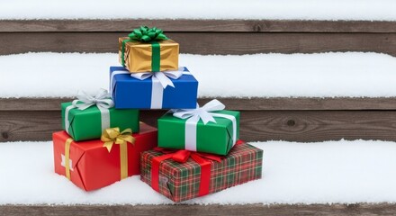 Colorful christmas gift boxes with ribbons on snowy wooden stairs during winter holiday