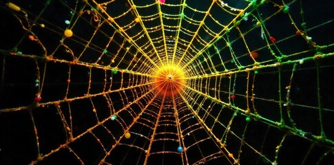 Fototapeta premium Tangled yet orderly threads of light, forming a complex web of interwoven relationships and communication. An abstract composition of tangled but orderly threads of vibrant, glowing light. The threads