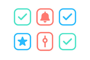Colorful UI icons set with checkmark, notification bell, favorite star, and location pin symbols