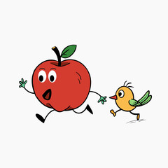 Funny cartoon apple character running away from a small bird isolated on white background isolated on transparent background