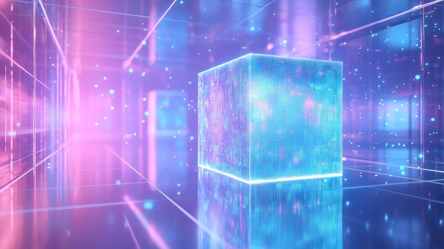 Digital data cube moving through futuristic cyberspace tunnel