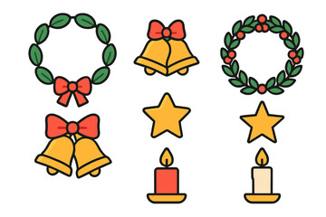 Festive Christmas and winter holiday symbols including wreaths, golden bells, stars, and burning candles