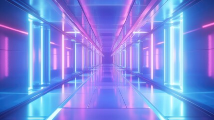 Futuristic tunnel with glowing neon light bars