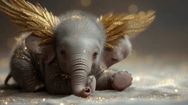 Magical baby elephant with tiny golden wings