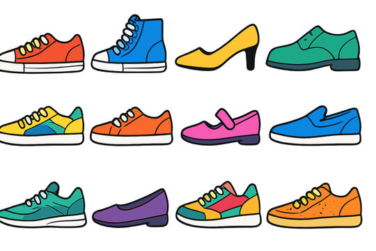 Collection of twelve colorful footwear styles including sneakers dress shoes and high heels