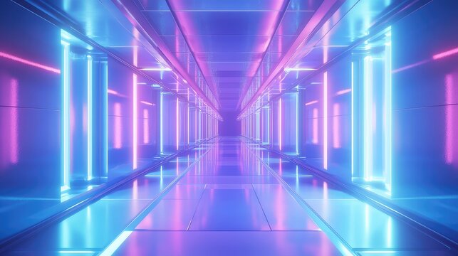 Futuristic tunnel with glowing neon light bars