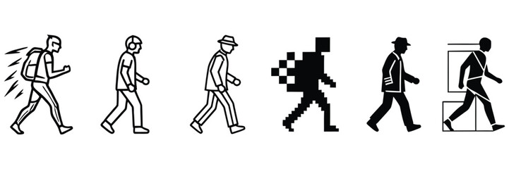 Silhouettes of people walking in a line with different backpacks.