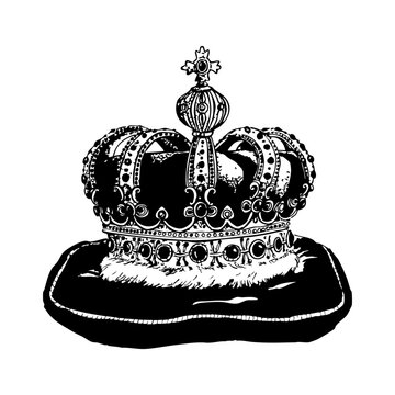 Realeza, dibujo realista de una corona en estilo antiguo, vintage, blanco y negro.