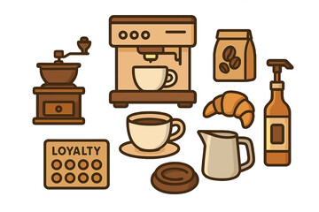 Stylized collection of coffee brewing equipment and cafe accessories