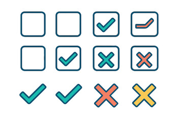 Colorful checkmark and cross icons collection for user interface and checklist design