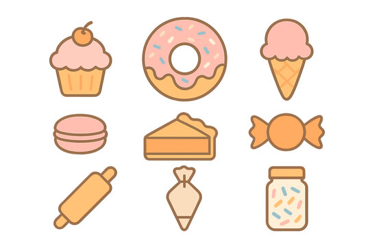 Set of cute pastel desserts and baking items including donut cupcake pie and sprinkles