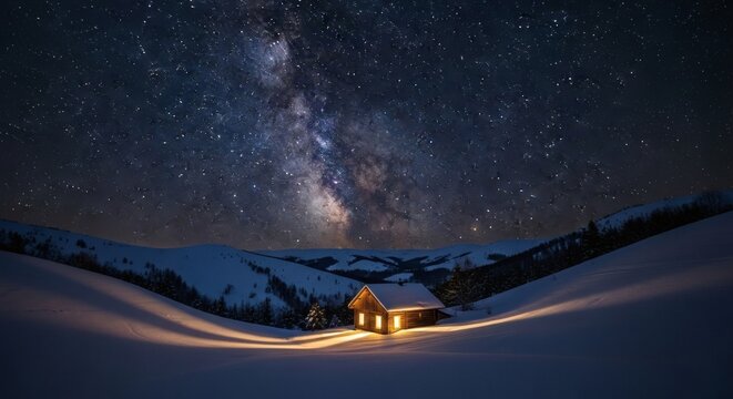 Cozy cabin glows under the majestic milky way in a snowy mountain landscape at night