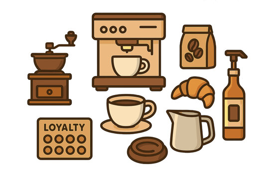 Stylized collection of coffee brewing equipment and cafe accessories