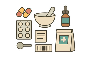 Pharmacy and medical supplies set with capsules, mortar and pestle, dropper bottle, and prescription bag