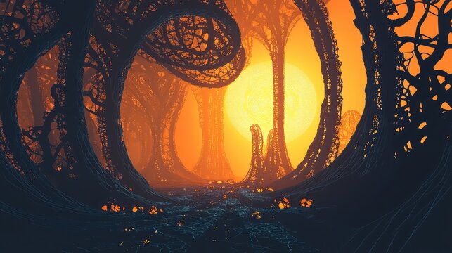 Eerie otherworldly fractal forest landscape during sunset