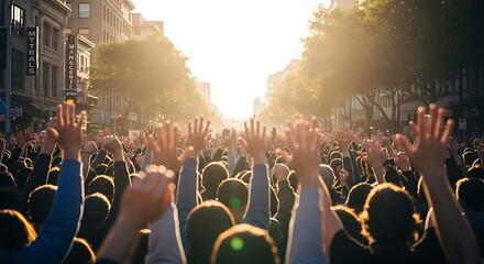 Fototapeta premium Crowd with hands raised in a street at sunset people